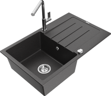 Mexen Bruno zlewozmywak granitowy 1-komorowy z ociekaczem i baterią kuchenną Flora, czarny nakrapiany - 6513-76-670401-00