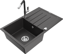 Mexen Bruno zlewozmywak granitowy 1-komorowy z ociekaczem i baterią kuchenną Flora, czarny nakrapiany - 6513-76-670401-07