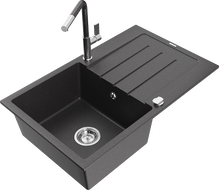 Mexen Bruno zlewozmywak granitowy 1-komorowy z ociekaczem i baterią kuchenną Flora, czarny nakrapiany - 6513-76-670401-08