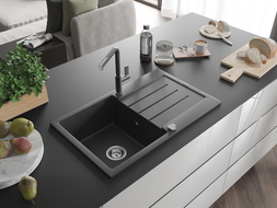 Mexen Bruno zlewozmywak granitowy 1-komorowy z ociekaczem i baterią kuchenną Flora, czarny nakrapiany - 6513-76-670401-08