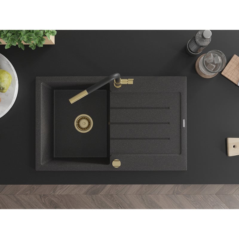 Mexen Bruno zlewozmywak granitowy 1-komorowy z ociekaczem i baterią kuchenną Flora, czarny nakrapiany - 6513-76-670401-57-G