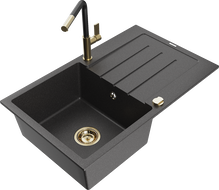Mexen Bruno zlewozmywak granitowy 1-komorowy z ociekaczem i baterią kuchenną Flora, czarny nakrapiany - 6513-76-670401-57-G