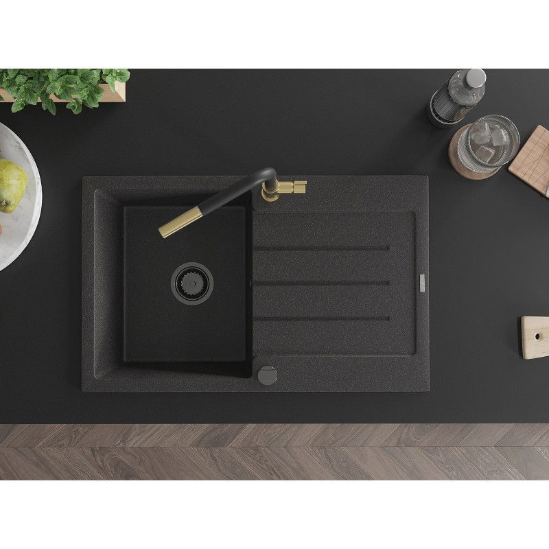 Mexen Bruno zlewozmywak granitowy 1-komorowy z ociekaczem i baterią kuchenną Flora, czarny nakrapiany - 6513-76-670401-57-B