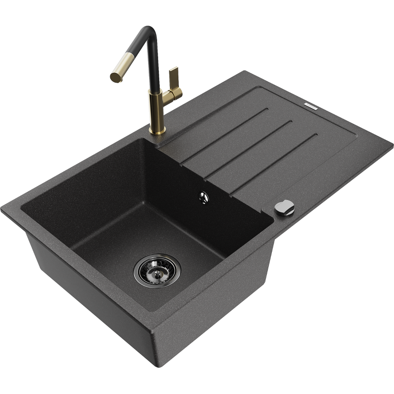 Mexen Bruno zlewozmywak granitowy 1-komorowy z ociekaczem i baterią kuchenną Flora, czarny nakrapiany - 6513-76-670401-57-B