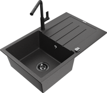 Mexen Bruno zlewozmywak granitowy 1-komorowy z ociekaczem i baterią kuchenną Flora, czarny nakrapiany - 6513-76-670401-70-B