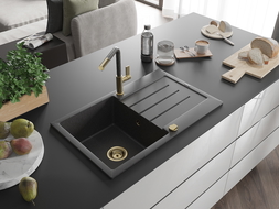 Mexen Bruno zlewozmywak granitowy 1-komorowy z ociekaczem i baterią kuchenną Flora, czarny nakrapiany - 6513-76-670401-75-G