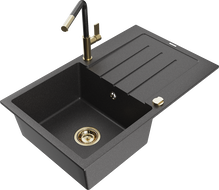 Mexen Bruno zlewozmywak granitowy 1-komorowy z ociekaczem i baterią kuchenną Flora, czarny nakrapiany - 6513-76-670401-75-G