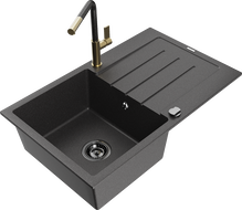 Mexen Bruno zlewozmywak granitowy 1-komorowy z ociekaczem i baterią kuchenną Flora, czarny nakrapiany - 6513-76-670401-75-B