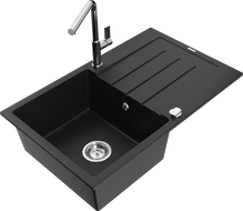 Mexen Bruno zlewozmywak granitowy 1-komorowy z ociekaczem i baterią kuchenną Flora, czarny - 6513-77-670401-00