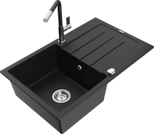 Mexen Bruno zlewozmywak granitowy 1-komorowy z ociekaczem i baterią kuchenną Flora, czarny - 6513-77-670401-07