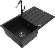 Mexen Bruno zlewozmywak granitowy 1-komorowy z ociekaczem i baterią kuchenną Flora, czarny - 6513-77-670401-07-B