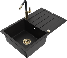 Mexen Bruno zlewozmywak granitowy 1-komorowy z ociekaczem i baterią kuchenną Flora, czarny - 6513-77-670401-57-G