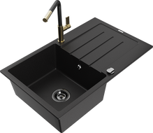 Mexen Bruno zlewozmywak granitowy 1-komorowy z ociekaczem i baterią kuchenną Flora, czarny - 6513-77-670401-57-B