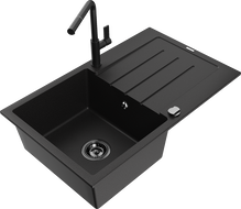 Mexen Bruno zlewozmywak granitowy 1-komorowy z ociekaczem i baterią kuchenną Flora, czarny - 6513-77-670401-70-B