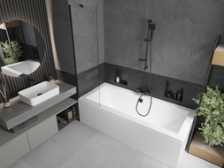 Mexen Cube wanna prostokątna 180 x 80 cm z obudową i parawanem 1-skrzydłowym 50 cm, transparent, czarny - 550518080X9505000070