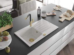 Mexen Cesar zlewozmywak granitowy 1-komorowy z ociekaczem i baterią kuchenną Flora, biały - 6514-20-670401-57-G