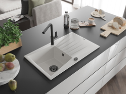 Mexen Cesar zlewozmywak granitowy 1-komorowy z ociekaczem i baterią kuchenną Flora, biały - 6514-20-670401-70-B