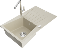 Mexen Cesar zlewozmywak granitowy 1-komorowy z ociekaczem i baterią kuchenną Flora, beżowy - 6514-69-670401-00