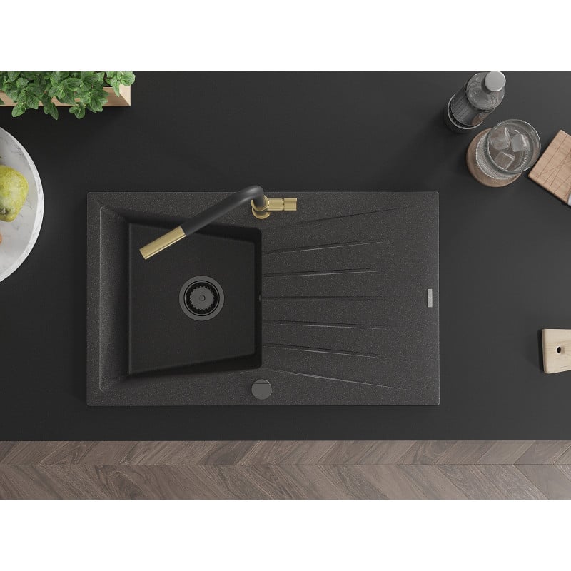Mexen Cesar zlewozmywak granitowy 1-komorowy z ociekaczem i baterią kuchenną Flora, czarny nakrapiany - 6514-76-670401-57-B
