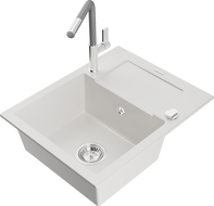 Mexen Enzo zlewozmywak granitowy 1-komorowy z ociekaczem i baterią kuchenną Flora, biały - 6506-20-670401-06