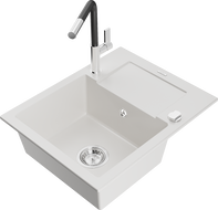 Mexen Enzo zlewozmywak granitowy 1-komorowy z ociekaczem i baterią kuchenną Flora, biały - 6506-20-670401-07