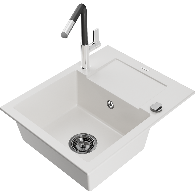 Mexen Enzo zlewozmywak granitowy 1-komorowy z ociekaczem i baterią kuchenną Flora, biały - 6506-20-670401-07-B