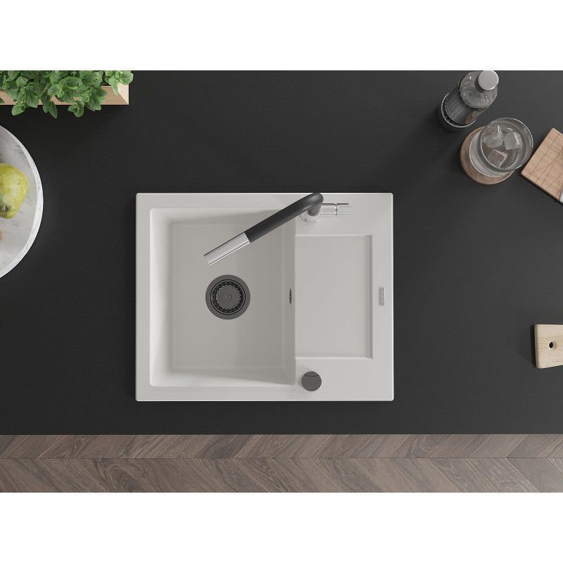 Mexen Enzo zlewozmywak granitowy 1-komorowy z ociekaczem i baterią kuchenną Flora, biały - 6506-20-670401-07-B
