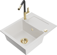 Mexen Enzo zlewozmywak granitowy 1-komorowy z ociekaczem i baterią kuchenną Flora, biały - 6506-20-670401-57-G