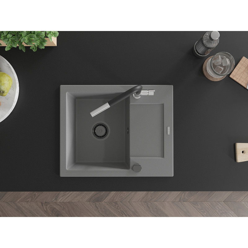 Mexen Enzo zlewozmywak granitowy 1-komorowy z ociekaczem i baterią kuchenną Flora, szary - 6506-71-670401-07-B