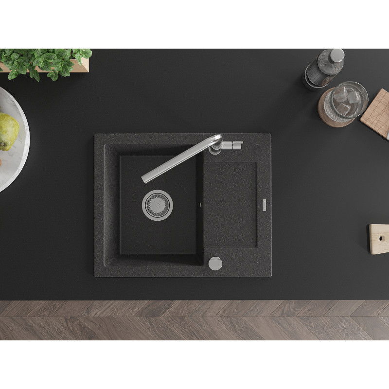Mexen Enzo zlewozmywak granitowy 1-komorowy z ociekaczem i baterią kuchenną Flora, czarny nakrapiany - 6506-76-670401-00