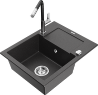 Mexen Enzo zlewozmywak granitowy 1-komorowy z ociekaczem i baterią kuchenną Flora, czarny nakrapiany - 6506-76-670401-07