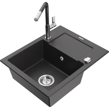 Mexen Enzo zlewozmywak granitowy 1-komorowy z ociekaczem i baterią kuchenną Flora, czarny nakrapiany - 6506-76-670401-08