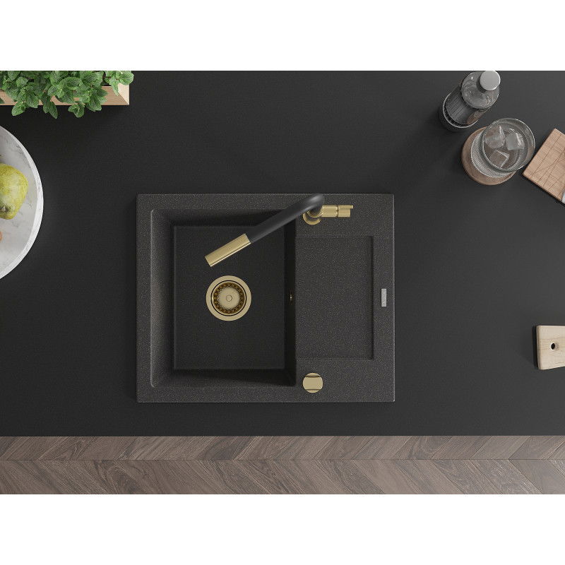 Mexen Enzo zlewozmywak granitowy 1-komorowy z ociekaczem i baterią kuchenną Flora, czarny nakrapiany - 6506-76-670401-57-G