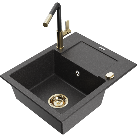 Mexen Enzo zlewozmywak granitowy 1-komorowy z ociekaczem i baterią kuchenną Flora, czarny nakrapiany - 6506-76-670401-57-G