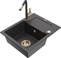 Mexen Enzo zlewozmywak granitowy 1-komorowy z ociekaczem i baterią kuchenną Flora, czarny nakrapiany - 6506-76-670401-57-G