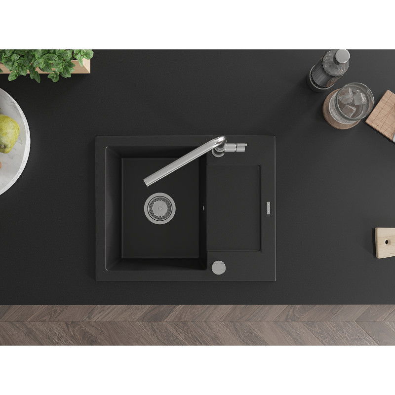 Mexen Enzo zlewozmywak granitowy 1-komorowy z ociekaczem i baterią kuchenną Flora, czarny - 6506-77-670401-00