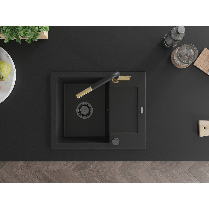 Mexen Enzo zlewozmywak granitowy 1-komorowy z ociekaczem i baterią kuchenną Flora, czarny - 6506-77-670401-57-B