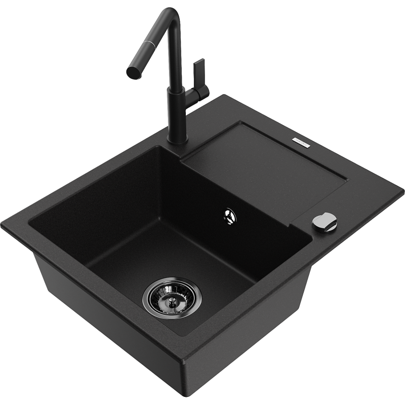 Mexen Enzo zlewozmywak granitowy 1-komorowy z ociekaczem i baterią kuchenną Flora, czarny - 6506-77-670401-70-B