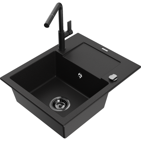 Mexen Enzo zlewozmywak granitowy 1-komorowy z ociekaczem i baterią kuchenną Flora, czarny - 6506-77-670401-70-B