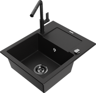 Mexen Enzo zlewozmywak granitowy 1-komorowy z ociekaczem i baterią kuchenną Flora, czarny - 6506-77-670401-70-B