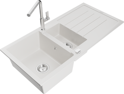 Mexen Andres zlewozmywak granitowy 1,5-komorowy z ociekaczem i baterią kuchenną Flora, biały - 6515-20-670401-00