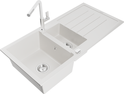 Mexen Andres zlewozmywak granitowy 1,5-komorowy z ociekaczem i baterią kuchenną Flora, biały - 6515-20-670401-02