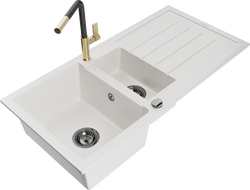 Mexen Andres zlewozmywak granitowy 1,5-komorowy z ociekaczem i baterią kuchenną Flora, biały - 6515-20-670401-57-B