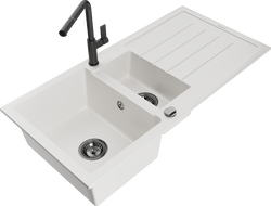 Mexen Andres zlewozmywak granitowy 1,5-komorowy z ociekaczem i baterią kuchenną Flora, biały - 6515-20-670401-70-B