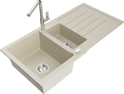 Mexen Andres zlewozmywak granitowy 1,5-komorowy z ociekaczem i baterią kuchenną Flora, beżowy - 6515-69-670401-00