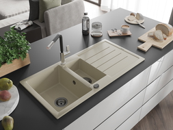 Mexen Andres zlewozmywak granitowy 1,5-komorowy z ociekaczem i baterią kuchenną Flora, beżowy - 6515-69-670401-07-B