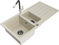 Mexen Andres zlewozmywak granitowy 1,5-komorowy z ociekaczem i baterią kuchenną Flora, beżowy - 6515-69-670401-07-B