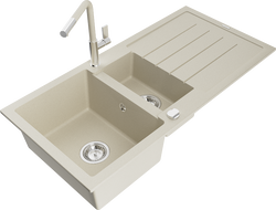 Mexen Andres zlewozmywak granitowy 1,5-komorowy z ociekaczem i baterią kuchenną Flora, beżowy - 6515-69-670401-09