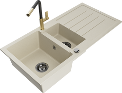 Mexen Andres zlewozmywak granitowy 1,5-komorowy z ociekaczem i baterią kuchenną Flora, beżowy - 6515-69-670401-57-B