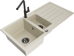 Mexen Andres zlewozmywak granitowy 1,5-komorowy z ociekaczem i baterią kuchenną Flora, beżowy - 6515-69-670401-70-B